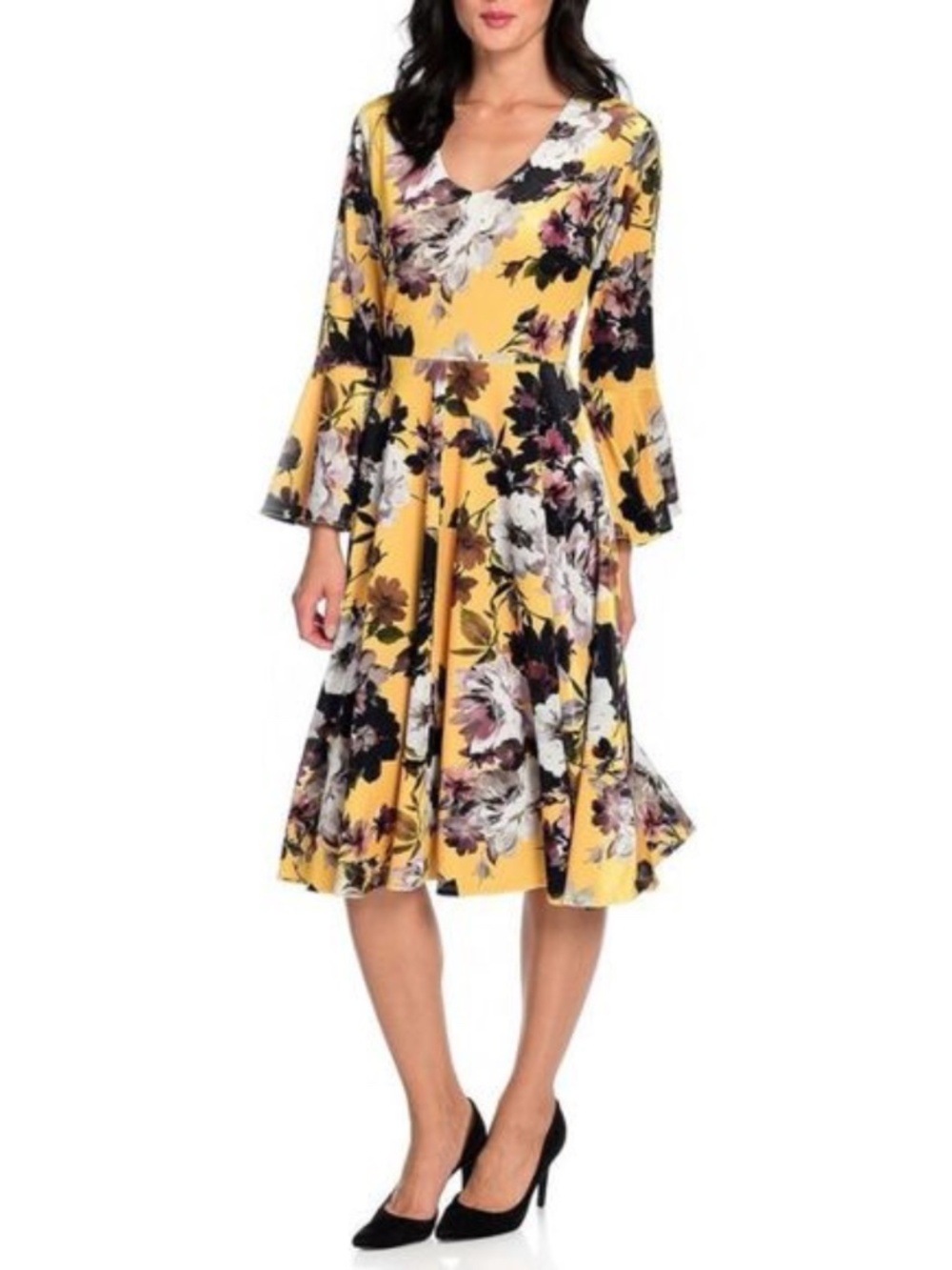 (25) Marc Bouwer Yellow Velvet Floral Bell Sleeve Dress XL